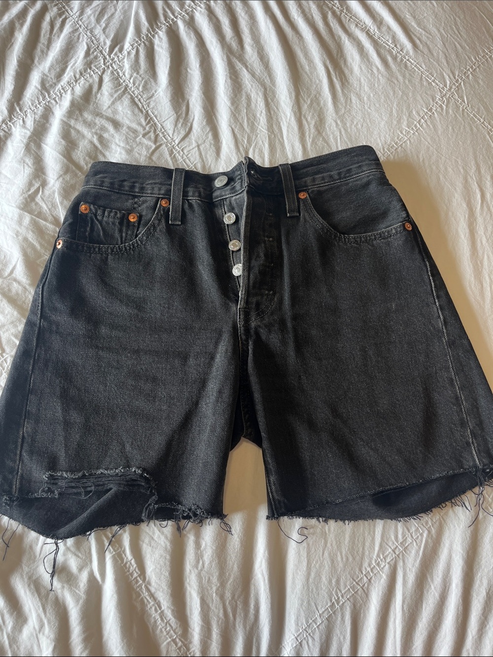 Levi's Black High-Rise Button-Fly Distressed Jean Shorts
